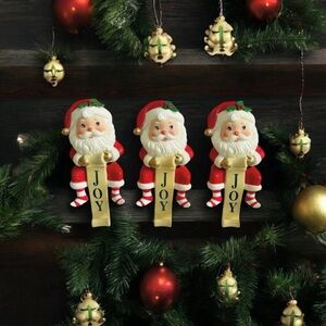 3x Russ Berrie Santa Claus JOY Christmas Stocking Holder Hanger Mantle Vintage